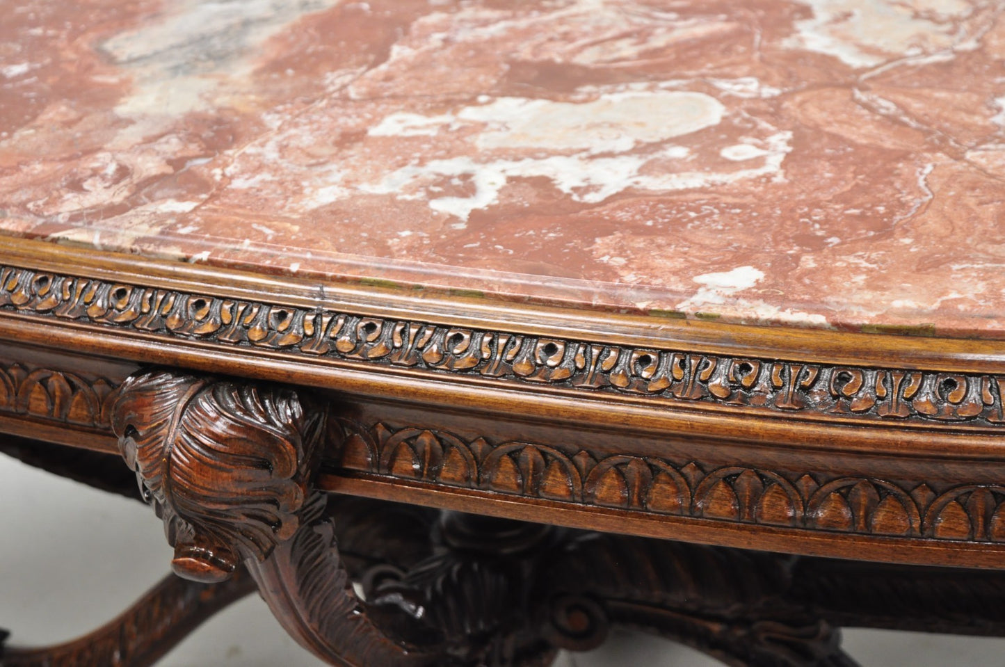Antique Grosfeld House French Regency Plume Carved Mahogany Marble Coffee Table