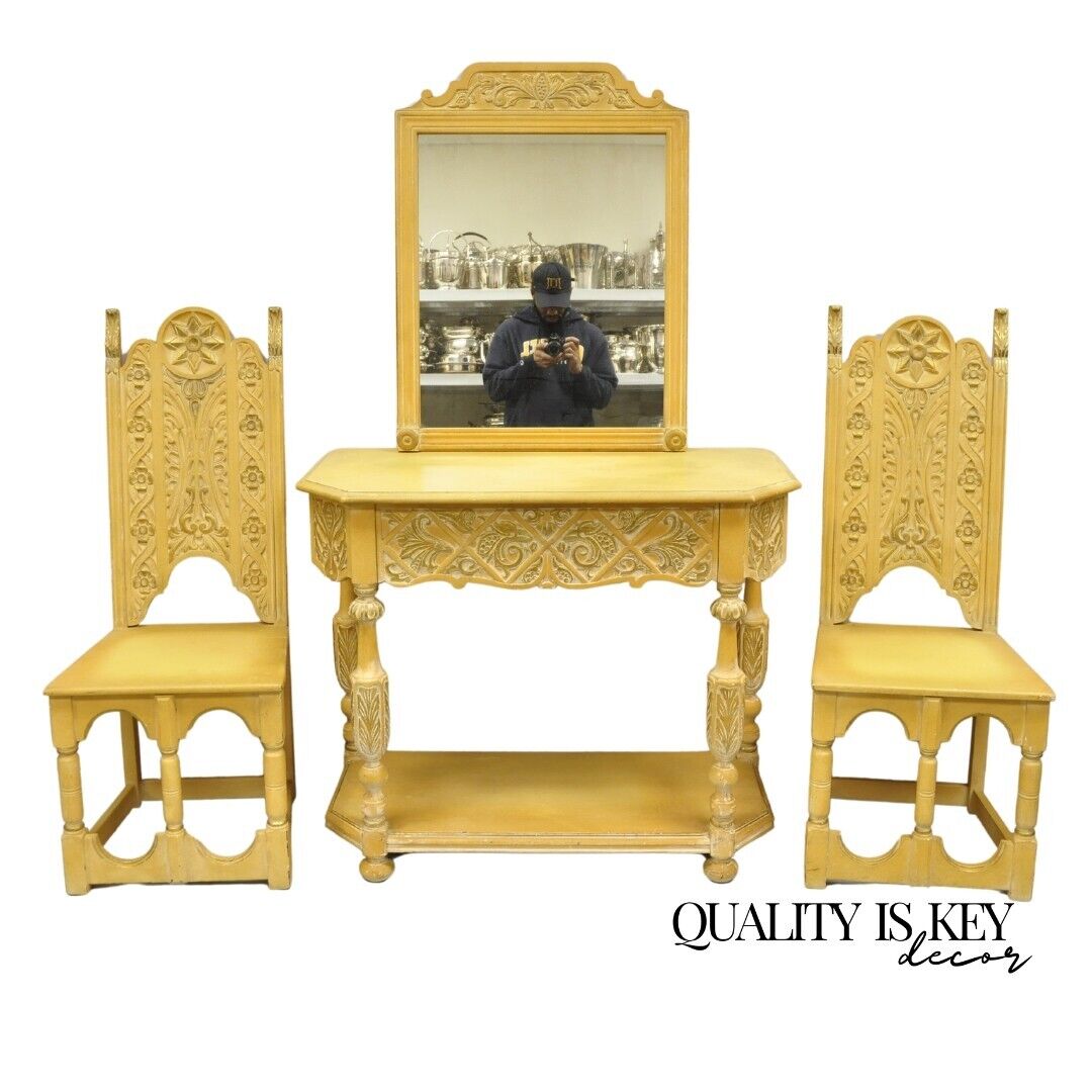 Gothic Renaissance Revival Painted Hall Altar Console Table Chair Set - 4 Pc Set