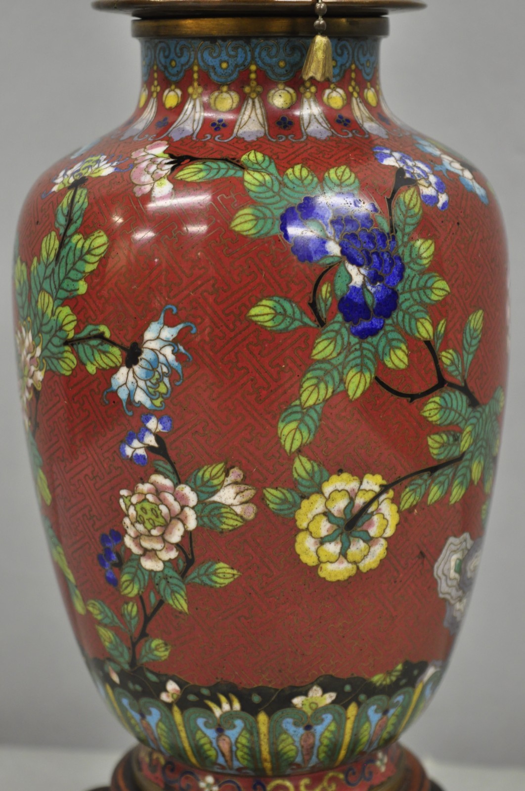 Vintage Chinese Porcelain Enamel Bronze Red Cloisonne Champleve Vase Table Lamp