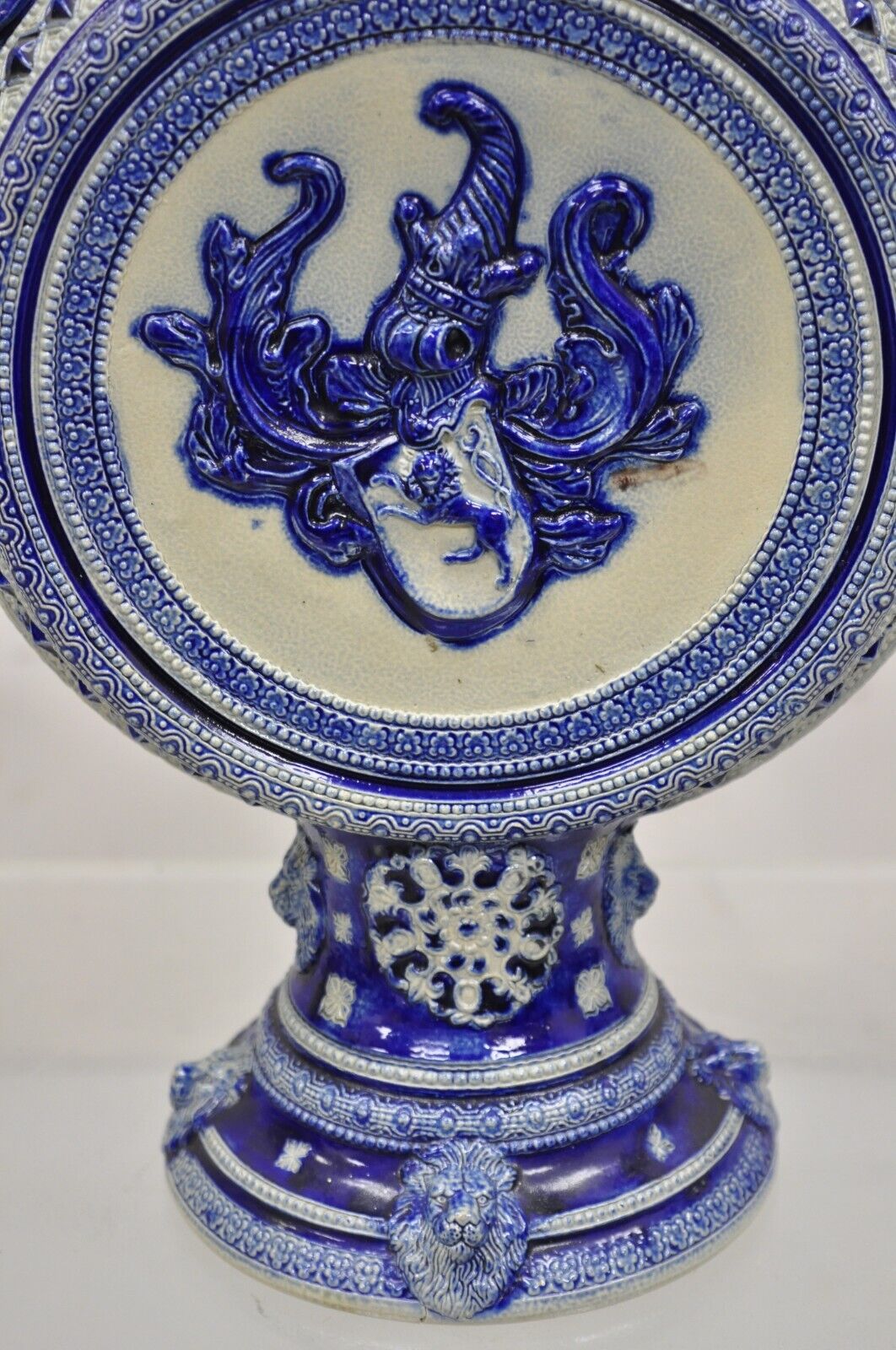 Antique Westerwald German Cobalt Blue Figural Stoneware Pottery Jug Pitcher