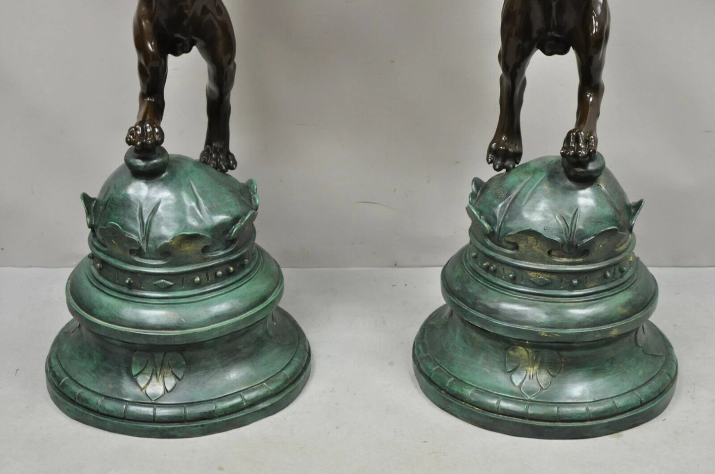 Regency Style Bronze Lion Figure Marble Top Pedestal Table after P.J Mene, Pair