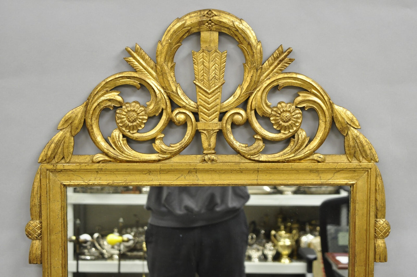 Antique French Neoclassical Style Gold Gilt Gesso Arrow & Wreath Wall Mirror