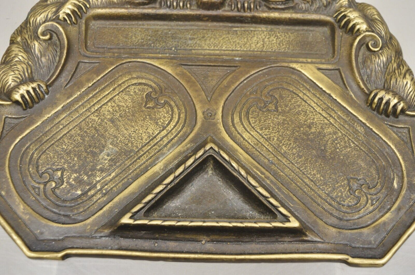 Antique Brass Bronze Black Forest Figural 3 Bears Desk Pen Tray Trinket Holder