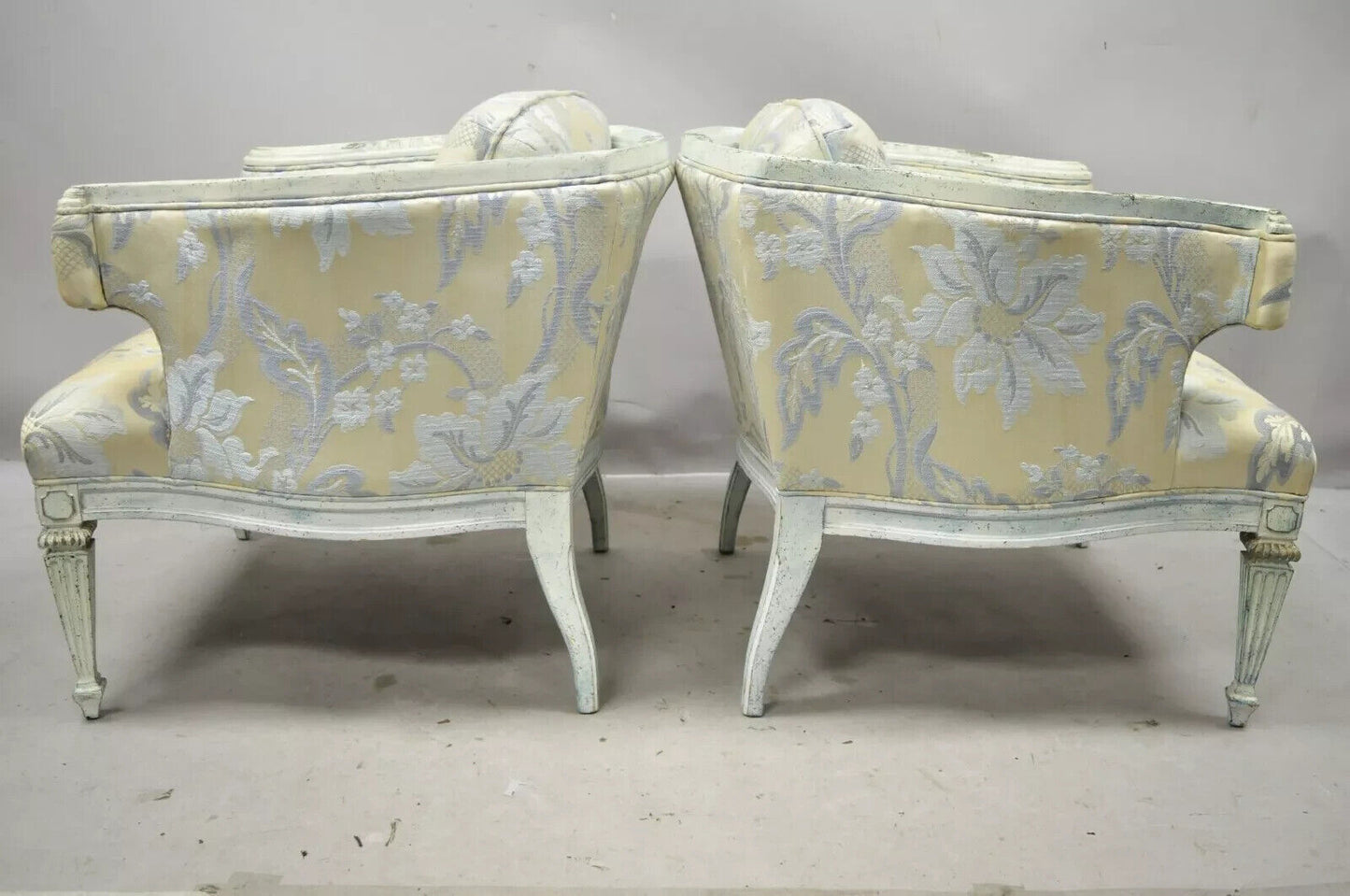 Vintage French Provincial Blue & Cream Painted Club Lounge Chairs - a Pair