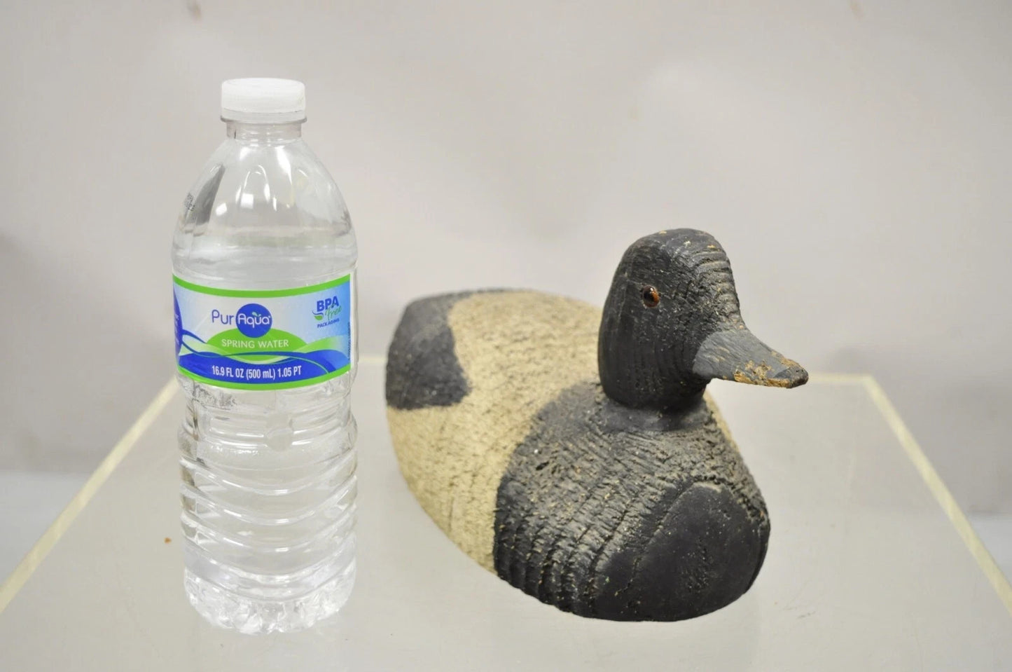 Antique Carved Wood Wooden Black and White 13" Mallard Duck Decoy w/ Glass Eyes