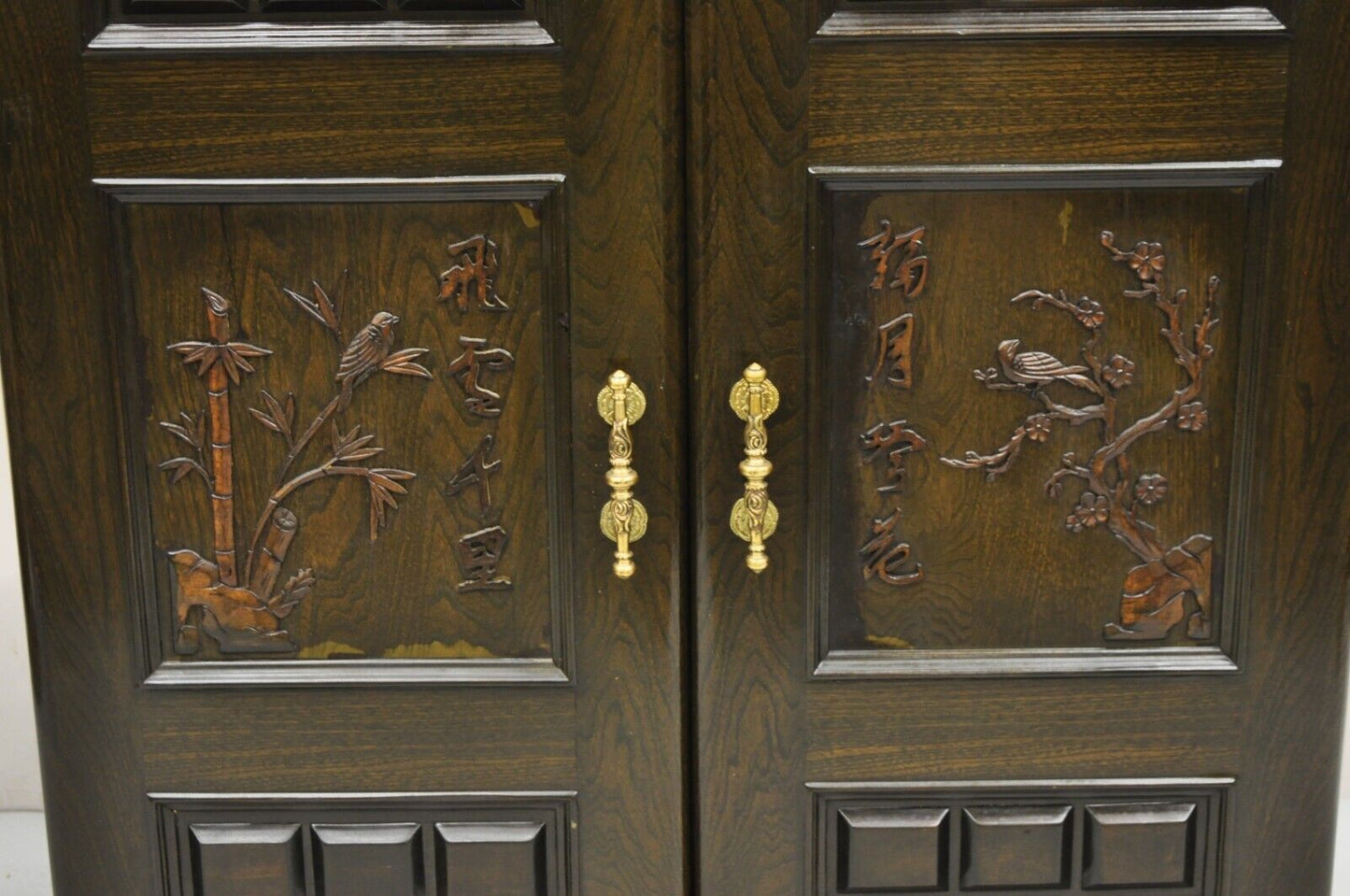 Vintage Korean Carved Wood Marble Top Asian Chinese Liquor Cabinet Dry Bar