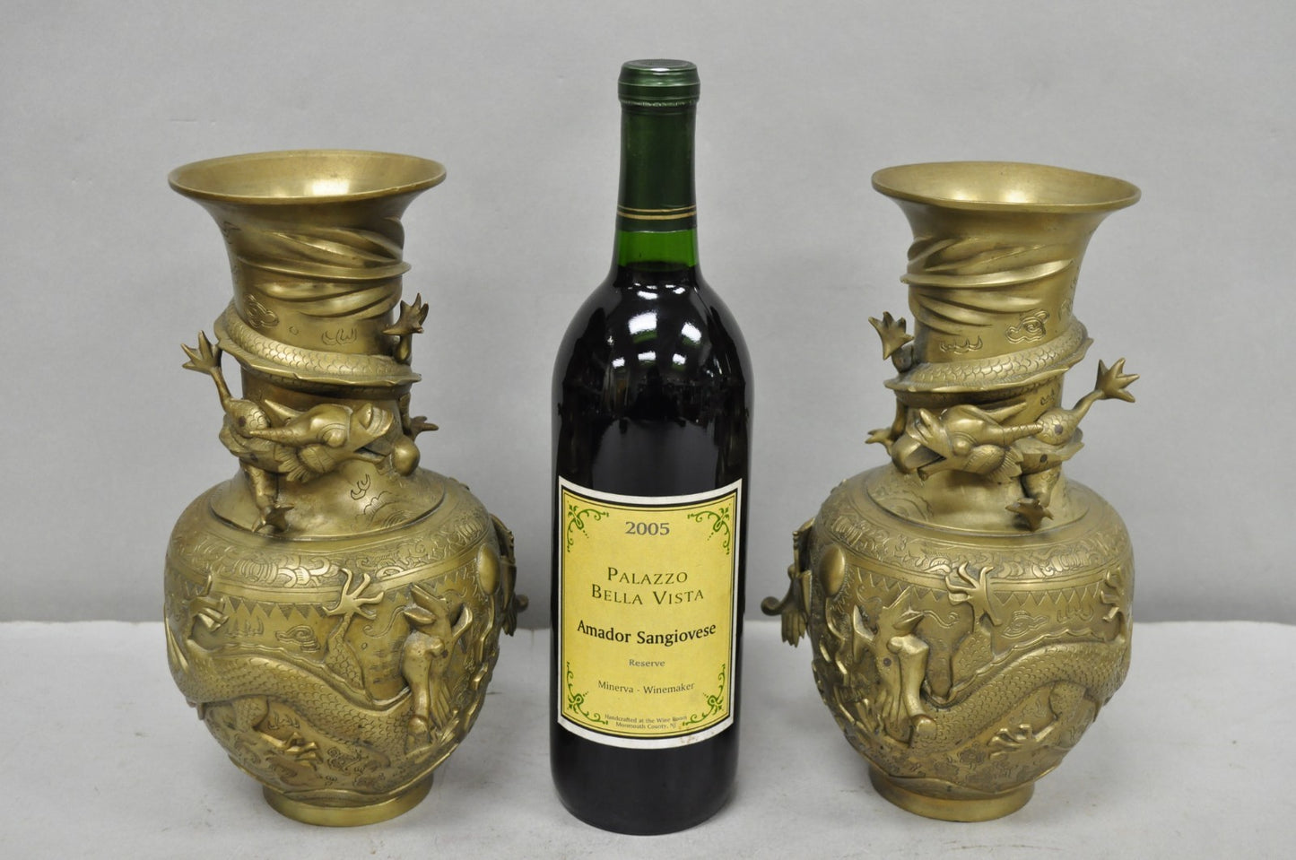 Vintage Japanese Dragon Relief Bronze Chinese 10" Oriental Flower Vase - a Pair