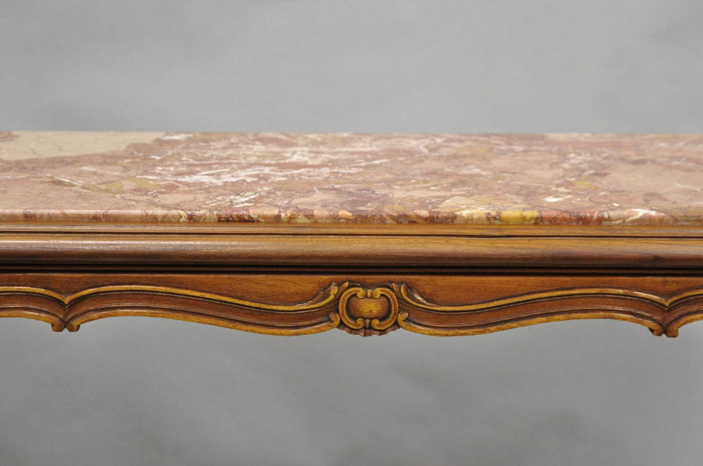 Antique French Louis XV Style Carved Walnut Rouge Marble Top Console Hall Table