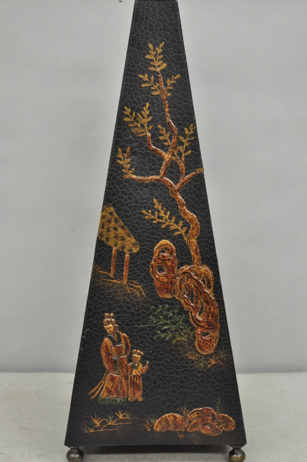 Castillian Imports Chinoiserie Black Lacquer Oriental Painted Obelisk Pyramid