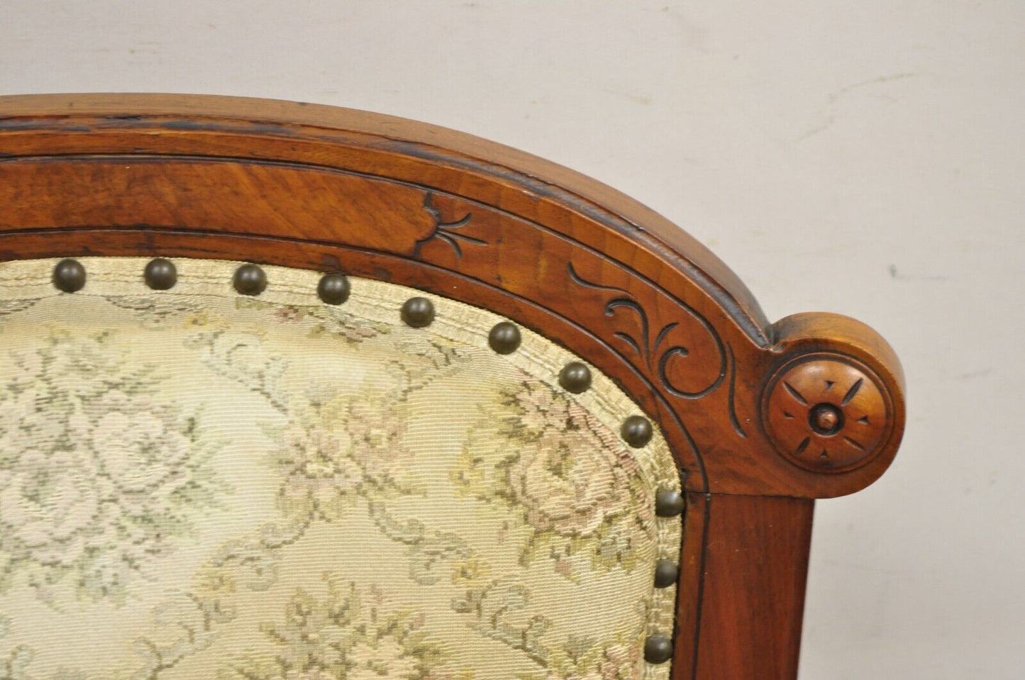 Antique Victorian Carved Walnut Tapestry Upholstered Parlor Lounge Arm Chair