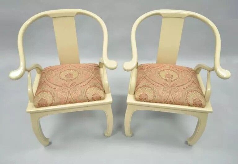 Vintage Oriental Horseshoe Ming Style Cream Lacquered Lounge Chairs - a Pair