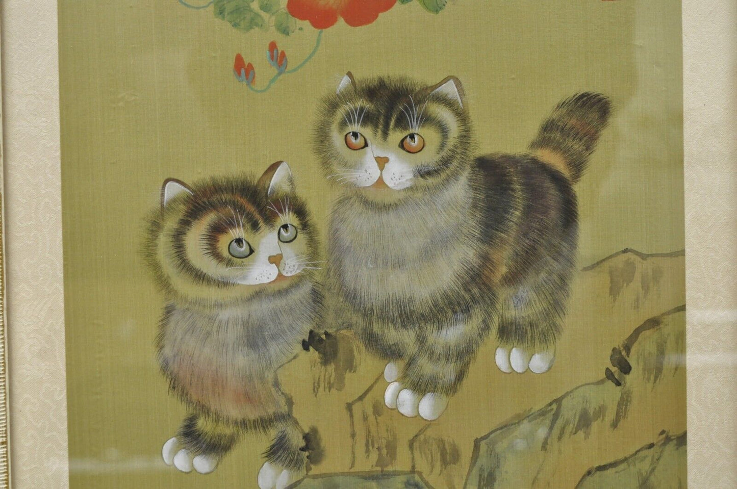 Vintage Chinese Watercolor Silkscreen Framed Painting of Cats and Flowers