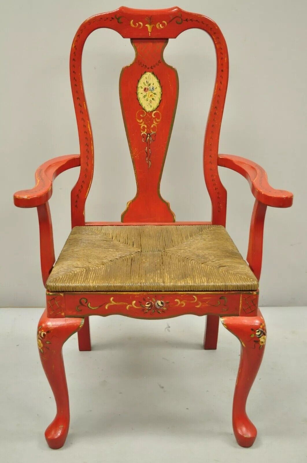 Vintage Queen Anne Style Green and Red Painted Rush Seat Arm Chairs - a Pair
