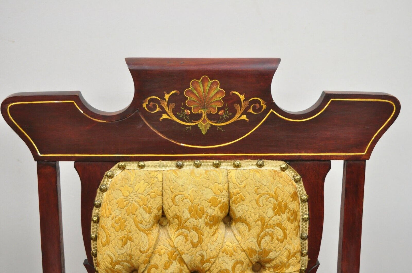 Pair of Antique Eastlake Victorian Mahogany Inlaid Parlor Arm Chairs