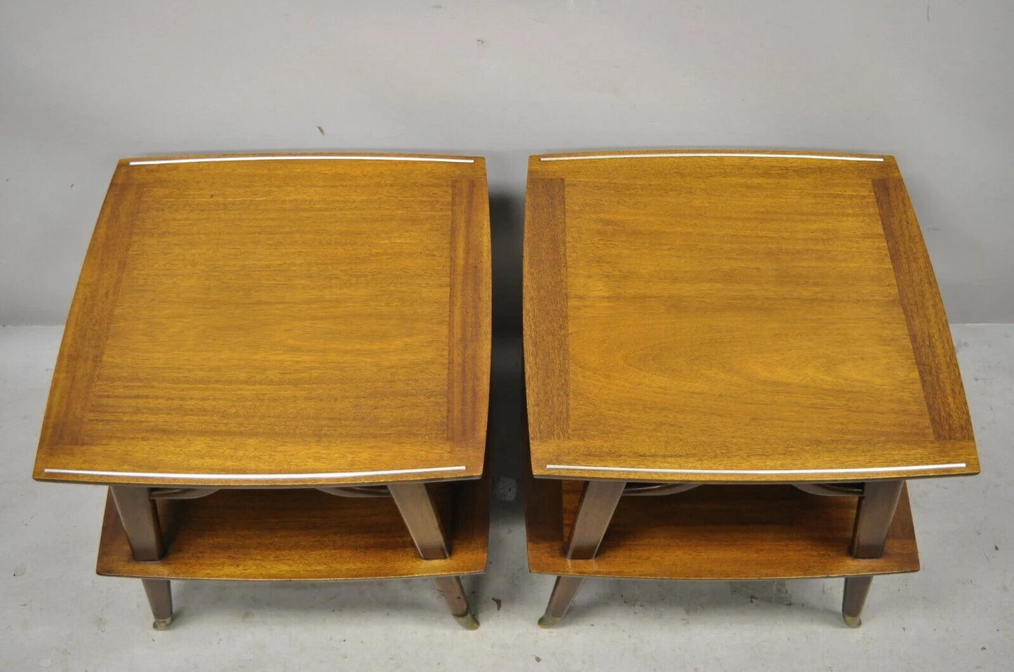 Vintage Mid Century Modern Sculpted Walnut 2 Tier End Tables w Brass Feet - Pair