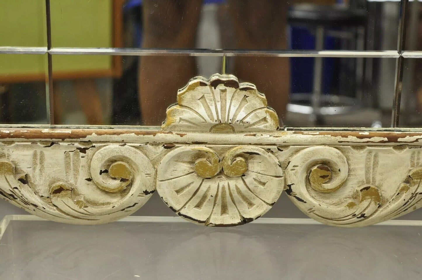 Antique Victorian White Shabby Distress Painted Chic Rose Carved Wall Mirror