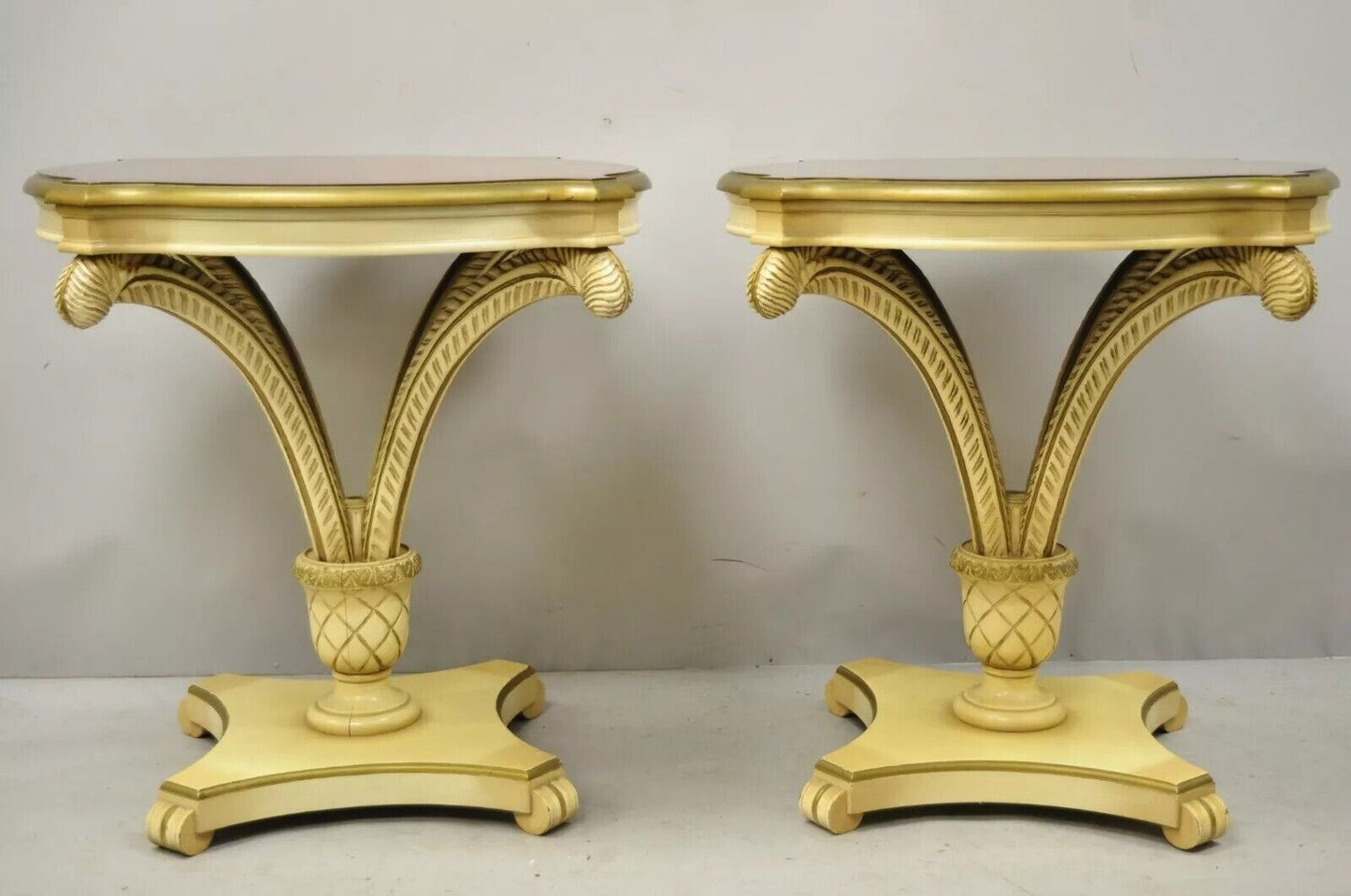 Grosfeld House Plume Carved Feather Pedestal Regency Side Tables - a Pair
