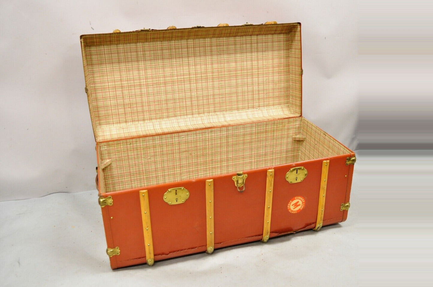 Antique Wooden Band Large Steamer Trunk Orange Ship Trunk Cunard Line Decals