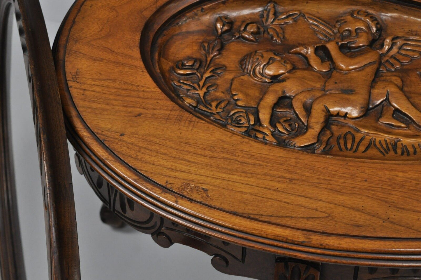 French Renaissance Style Glass Top Tray Coffee Table with Carved Cherubs Angels