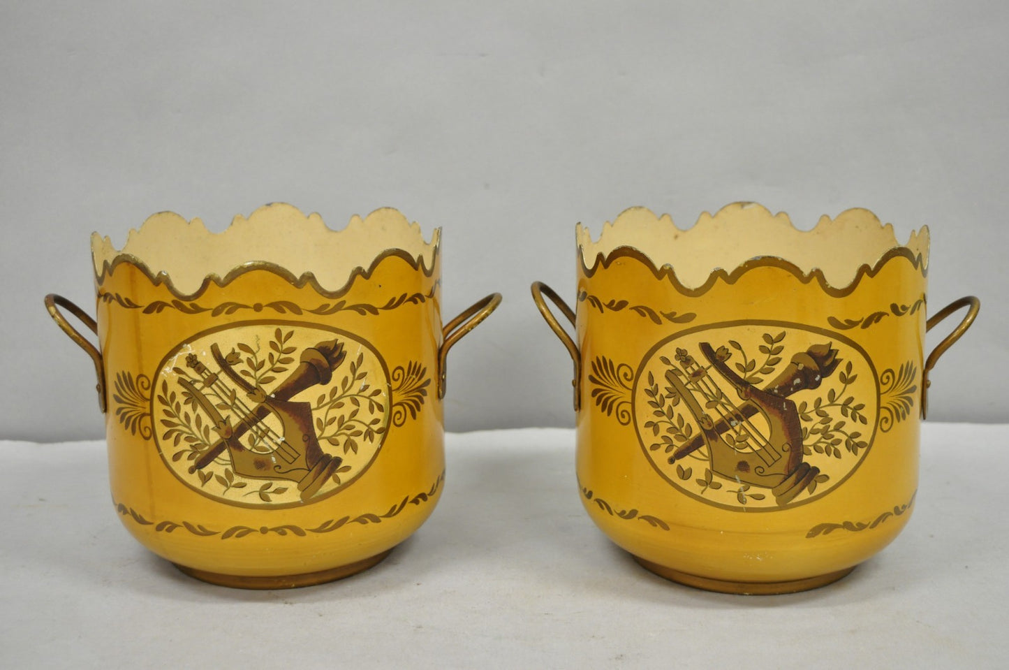 Vintage French Country Tole Metal Yellow Painted Cachepot Planter Vase - a Pair