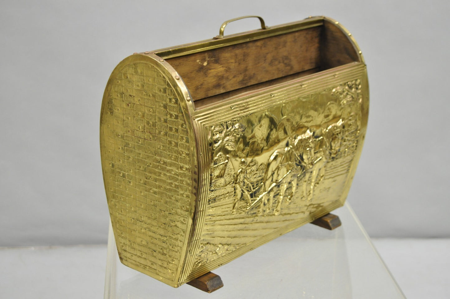English Colonial Embossed Brass Farmer Horse-Drawn Plow Magazine Rack Holder