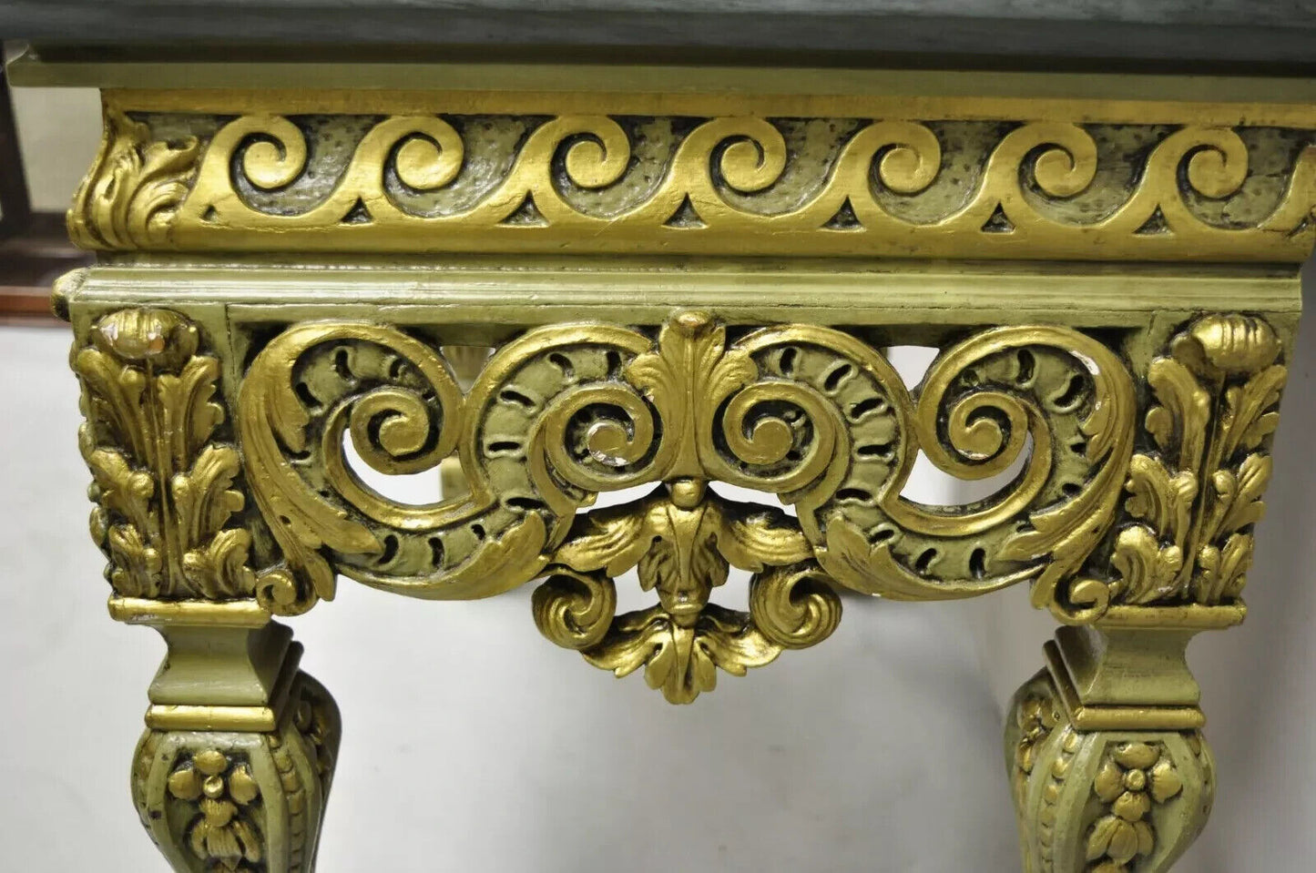Vintage French Baroque Green Gold Gilt Figural Carved Slate Top Console Table