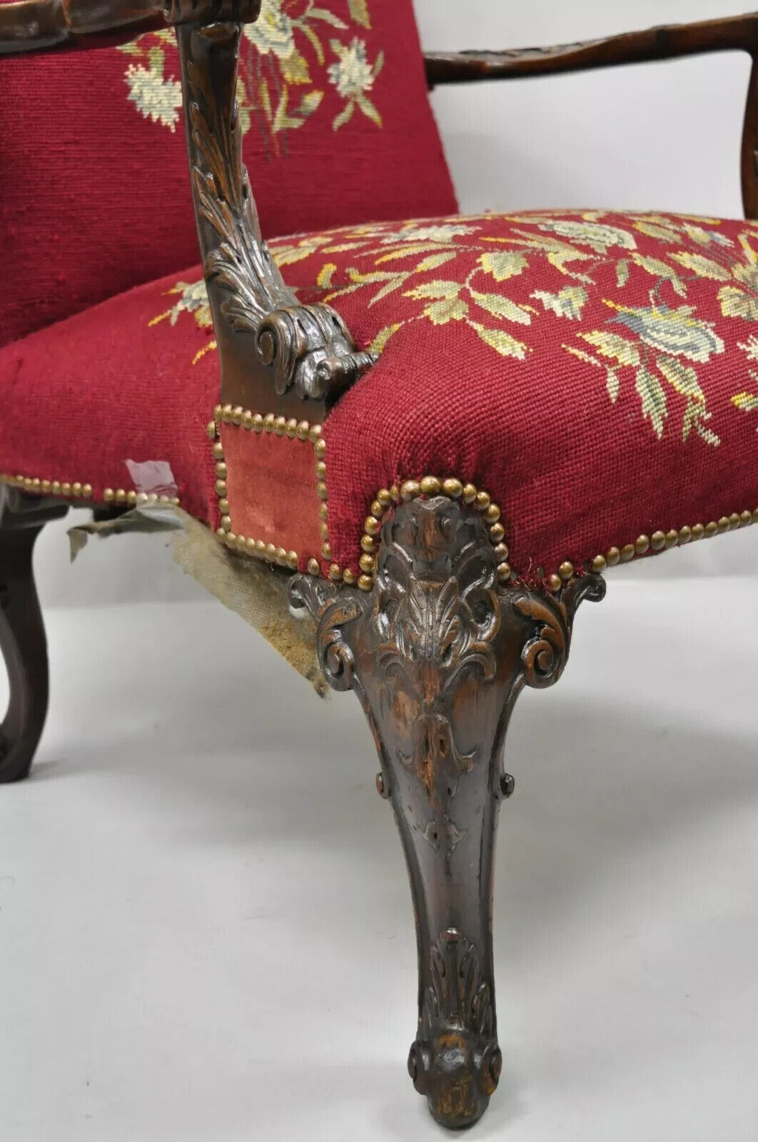 Antique Georgian Floral Needlepoint Carved Mahogany Fireside Lounge Arm Chair