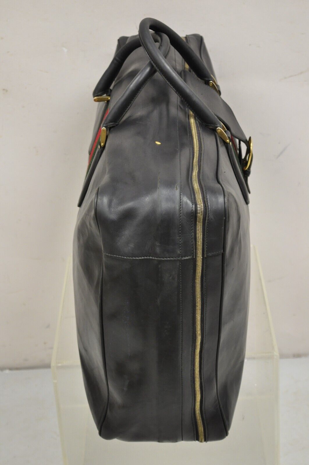 Vintage Gucci Large Black Leather Suitcase Luggage Travel Bag Green Red Webbing