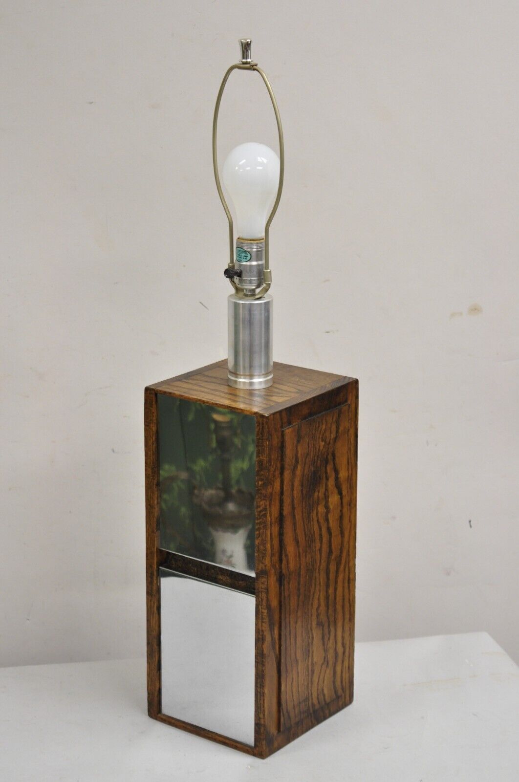 Vintage Mid Century Modern Oak Wood & Double Sided Mirror Cubist Table Lamp