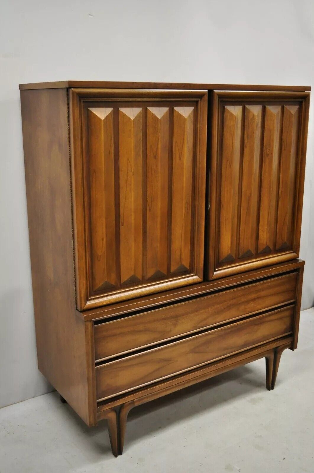 Vintage Mid Century Modern Sculpted Walnut V-Leg Tall Chest Dresser Cabinet