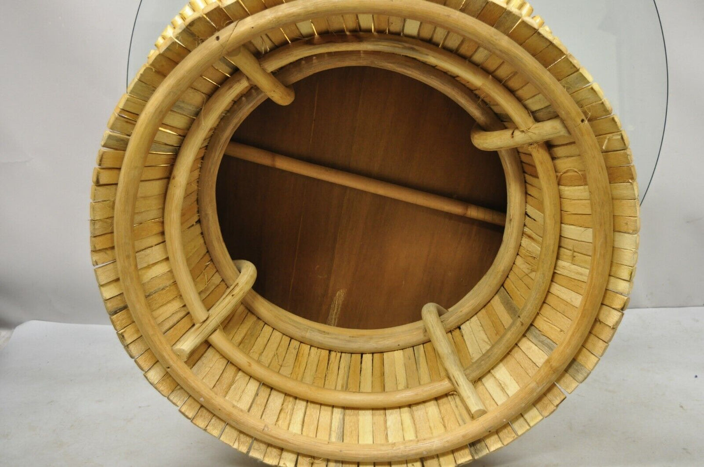 McGuire Style Sheaf of Wheat Bamboo 48" Round Glass Coffee Table
