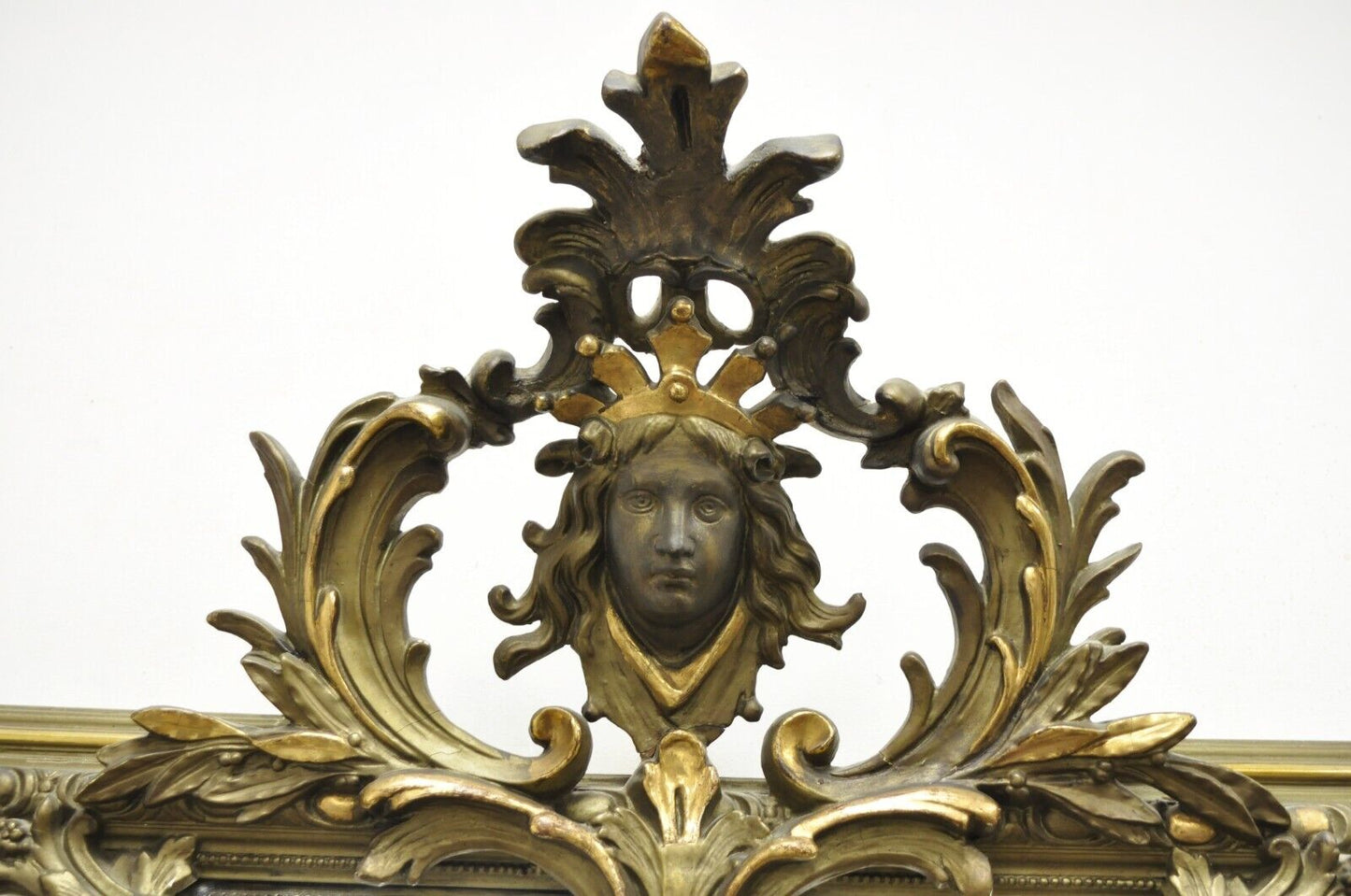 Antique French Renaissance Baroque Carved Giltwood Gesso Wall Mirror with Face