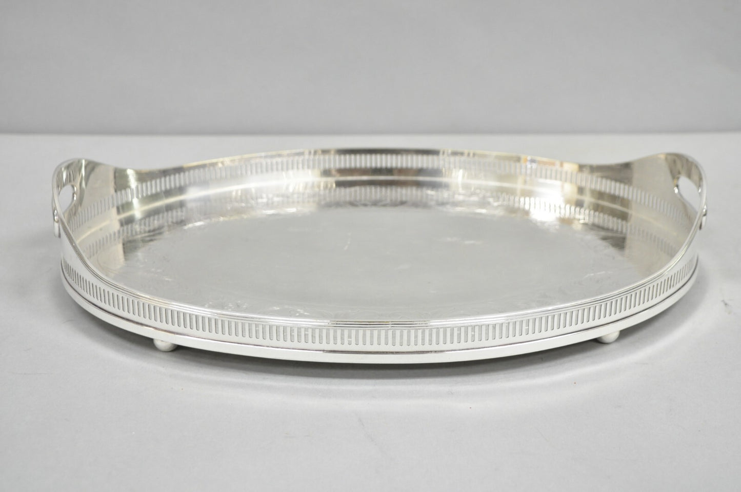 Antique English Sheffield Edwardian Silver Plated Oval 16" Bar Tray w/ Gallery