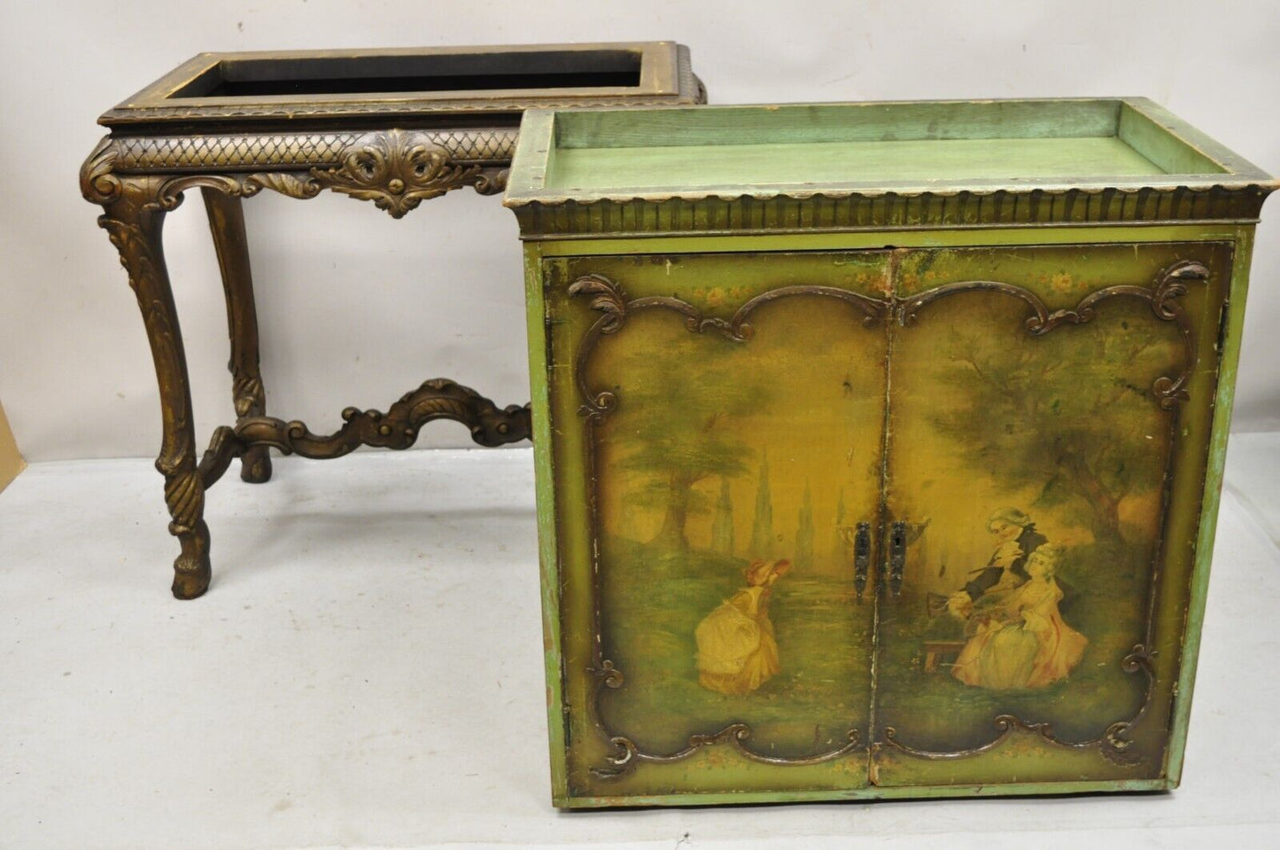 Antique French Renaissance Green Distress Painted Radio Cabinet Bar Cupboard