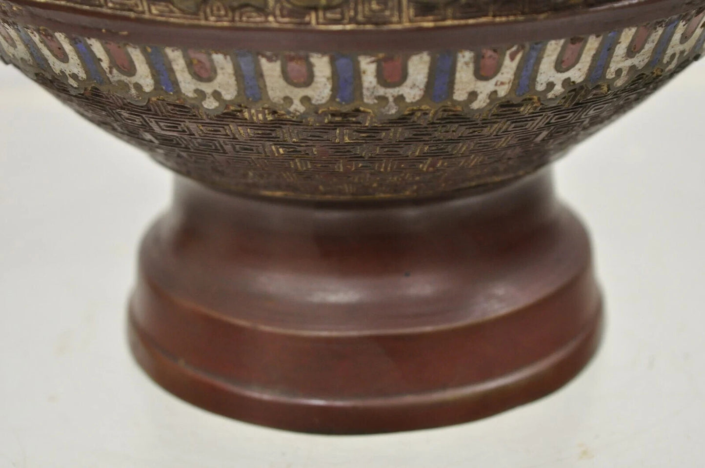 Antique Japanese Champleve Cloisonne Enamel Bronze Twin Handle 12" Vessel Vase