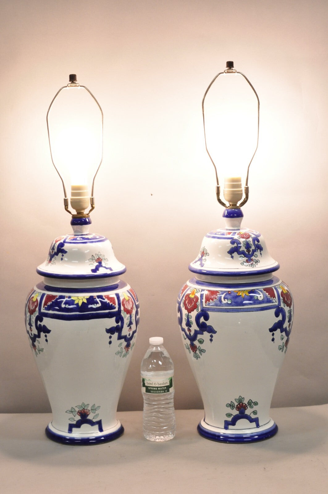 Vintage Chinoiserie White Blue Porcelain Ceramic Jardiniere Table Lamp - a Pair