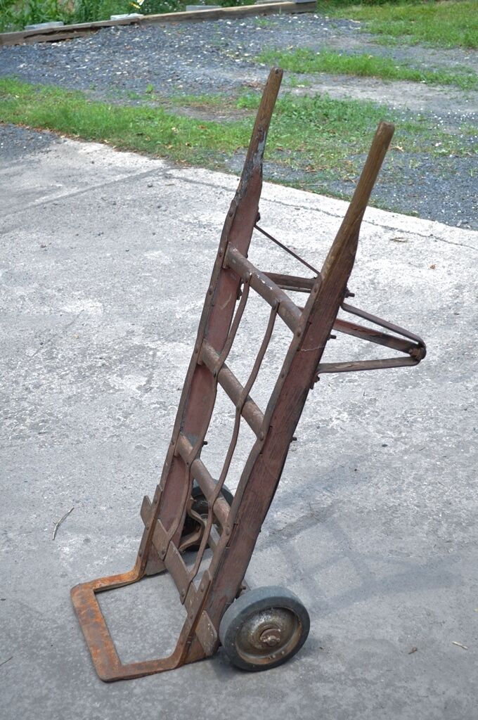 Antique Industrial Steampunk Distressed Iron & Wood Rolling Hand Truck Cart