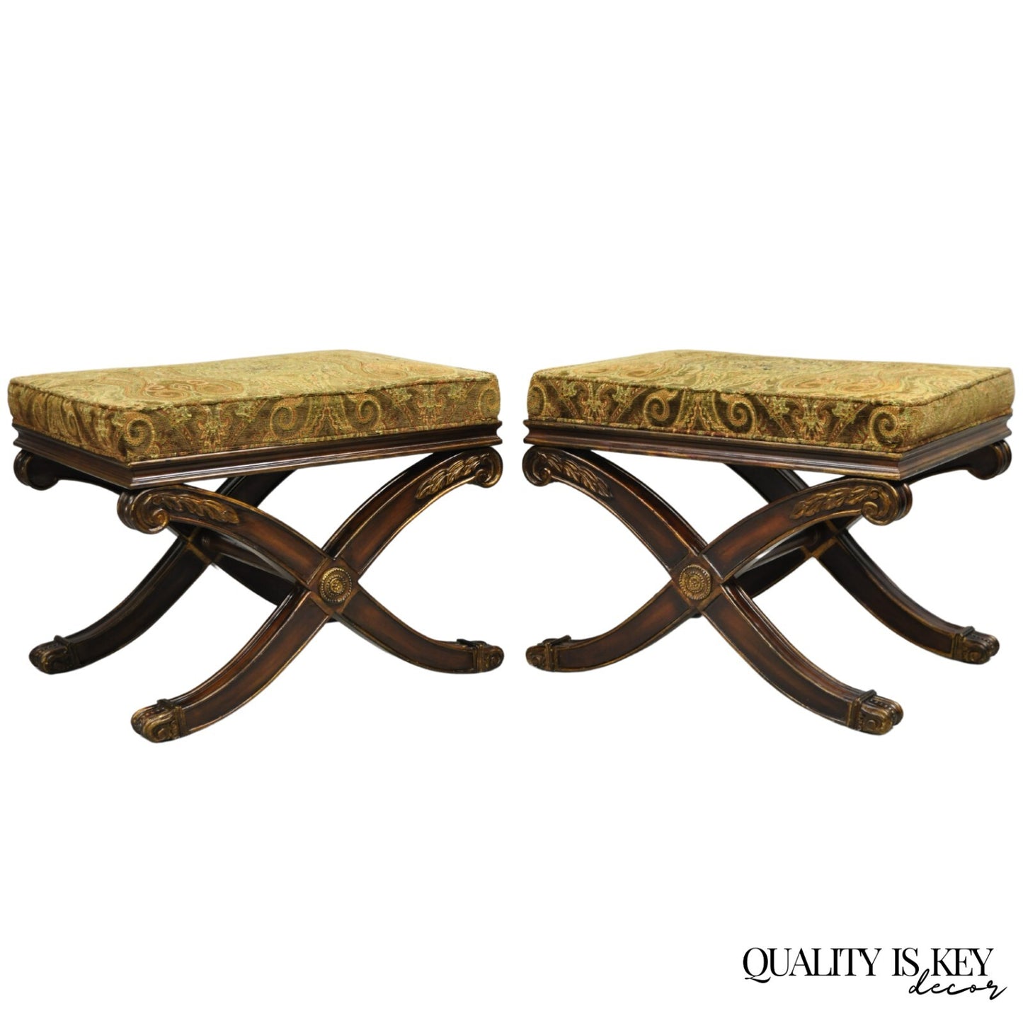 Ethan Allen Alexis X-Frame Regency Style Curule Footstool Stool Ottoman - a Pair