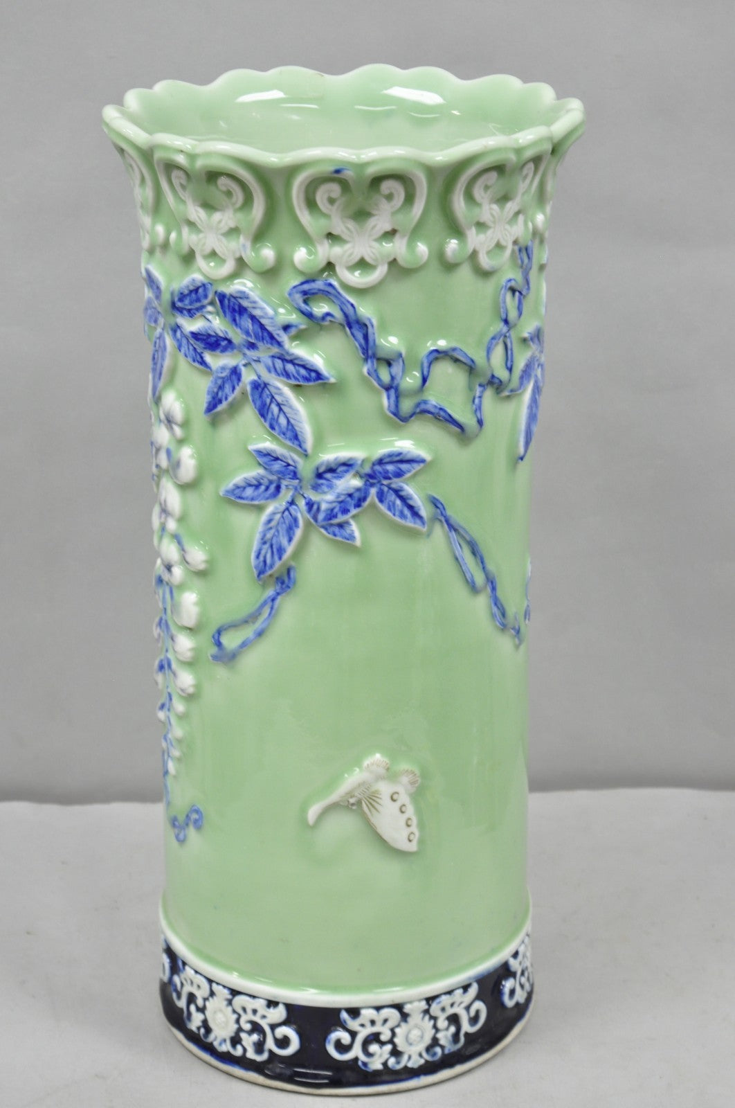 Japanese Porcelain Glazed Celadon Wisteria Flower & Butterfly Umbrella Stand