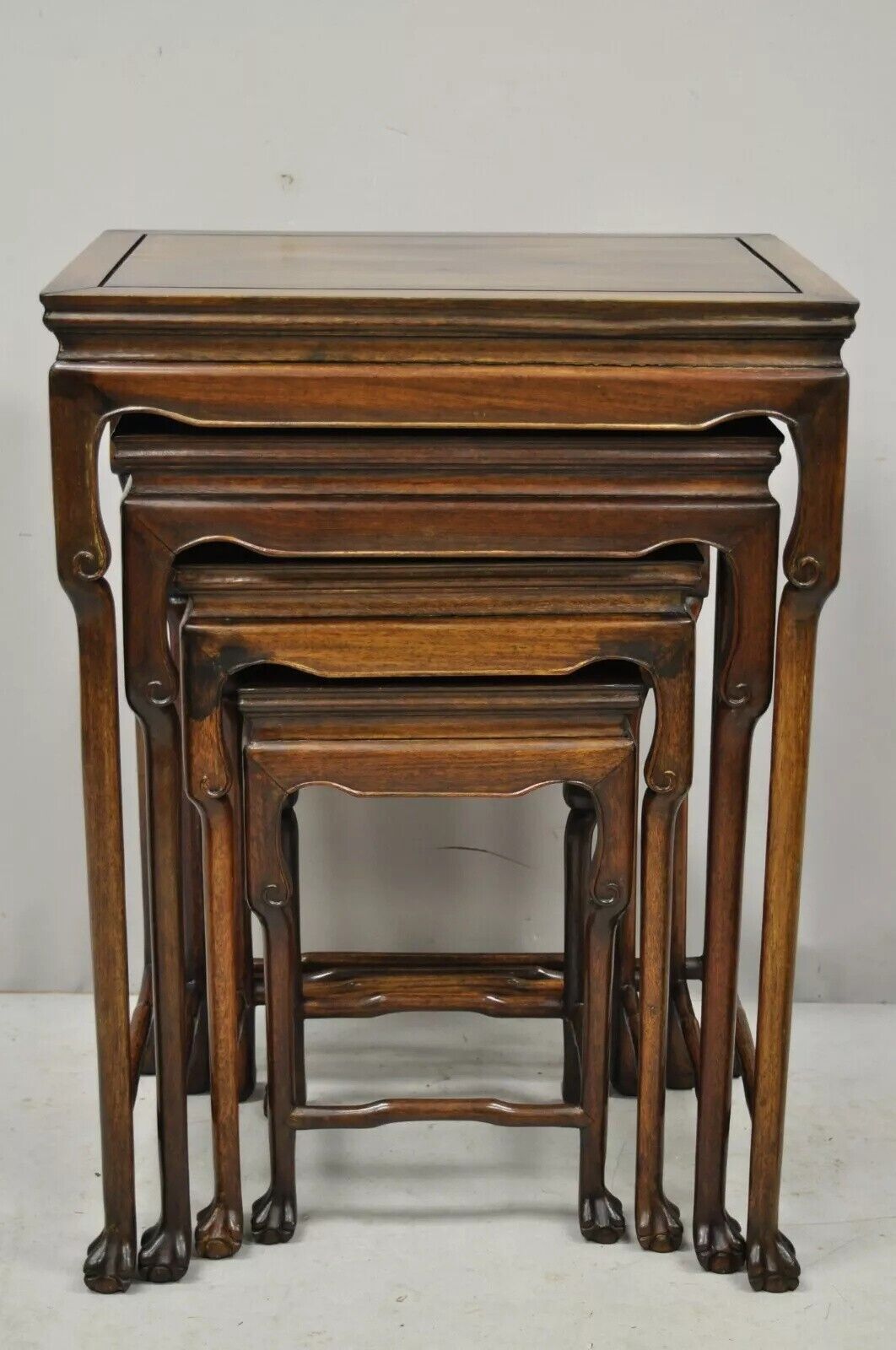Vintage Chinese Carved Rosewood Nesting Side Tables with Paw Feet - Set of 4
