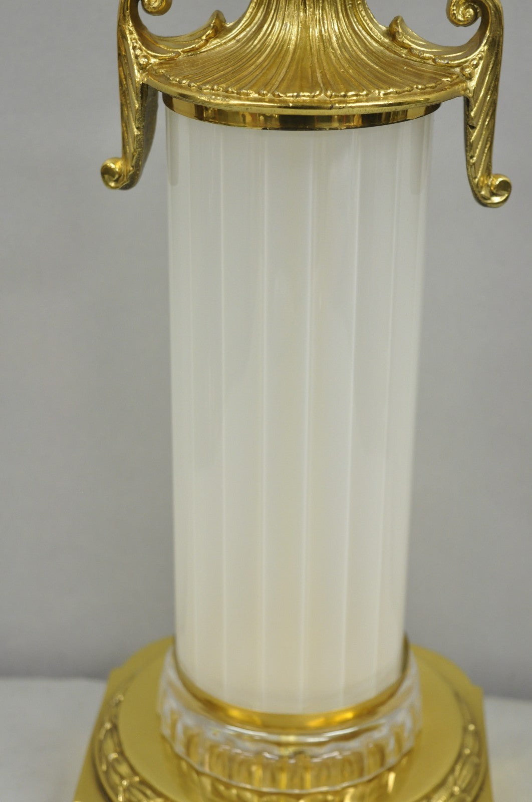 Vintage French Empire Style Ribbed Glass Column Gold Table Lamp Made in Poland