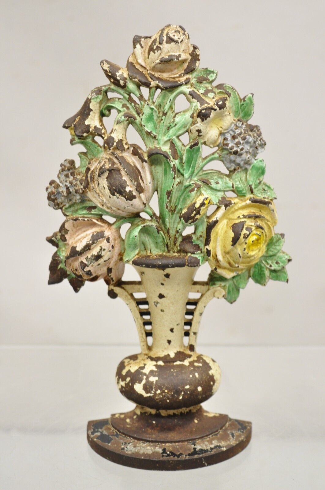 Antique Victorian Hubley Tall Cast Iron Figural Floral Painted Bouquet Door Stop