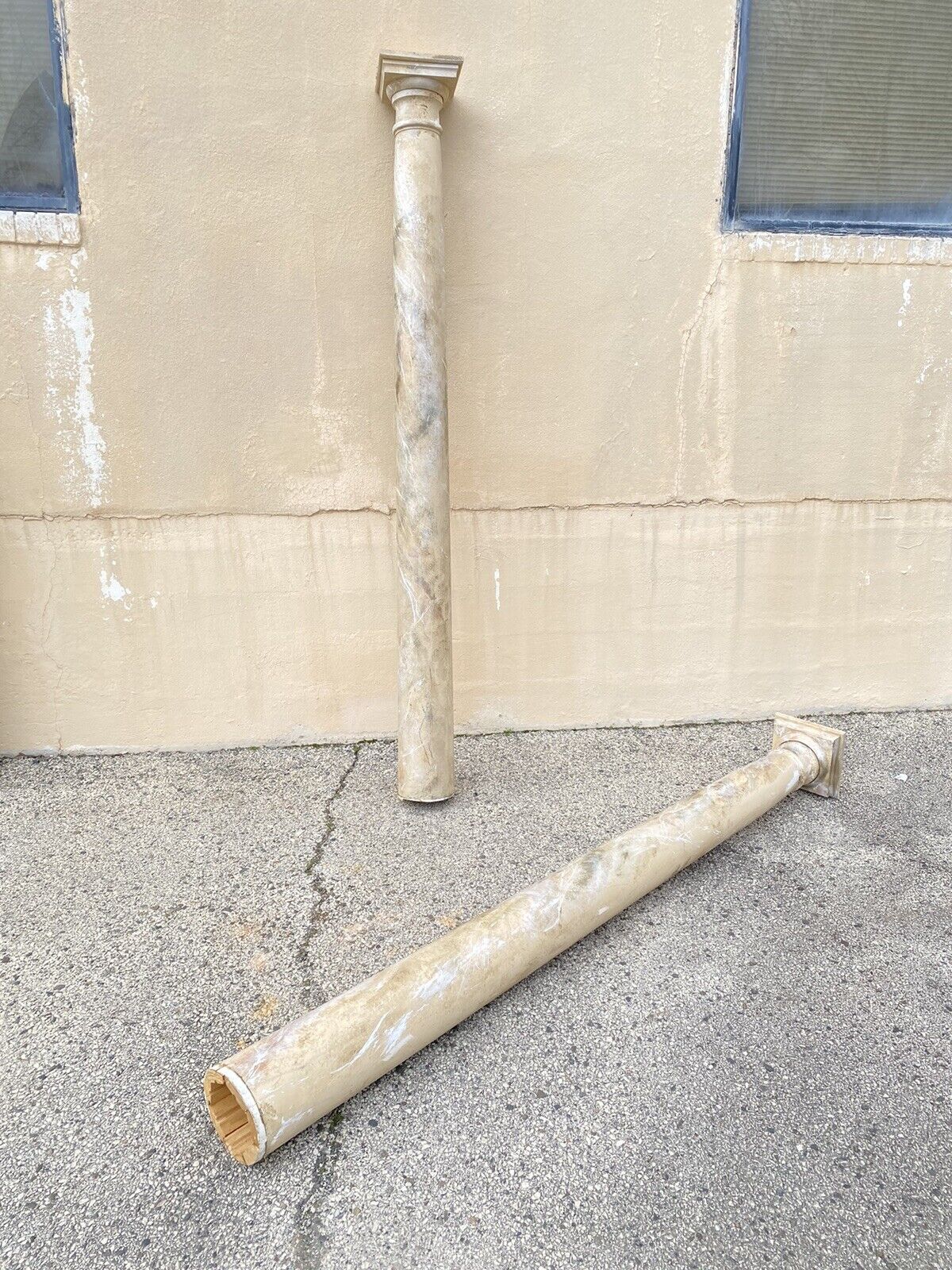 Vintage Reclaimed Salvage 92" Tall Wooden Faux Marble Painted Column Pair