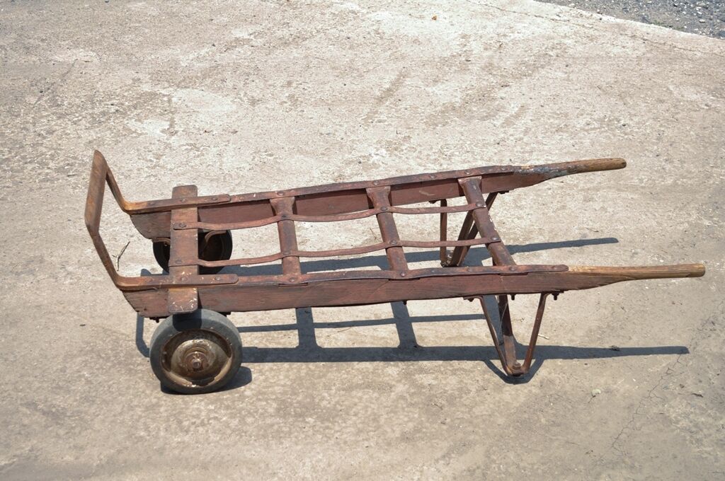 Antique Industrial Steampunk Distressed Iron & Wood Rolling Hand Truck Cart