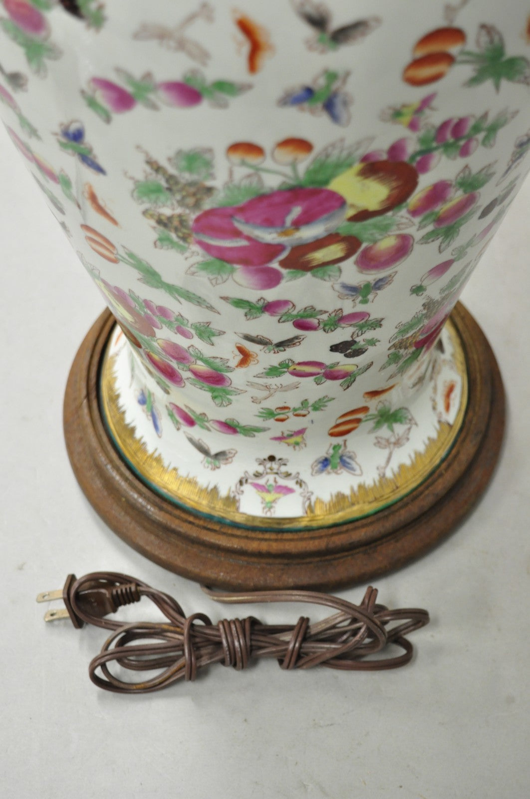 Vintage Chinoiserie Porcelain Jardinière Pink Flower Painted Large Table Lamp