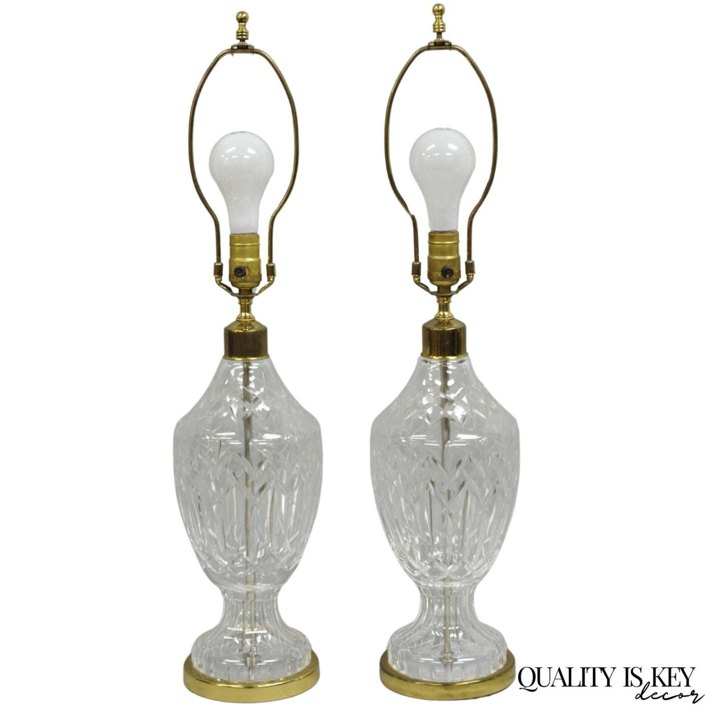 Vintage Waterford Cut Crystal Leaded Glass Urn Form Brass Table Lamps - a Pair