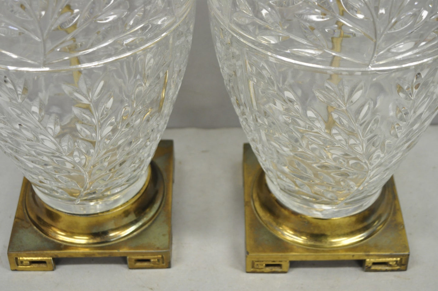 Vintage Chinoiserie Heavy Leaded Glass Wheat Sheaf Ginger Jar Table Lamps, Pair