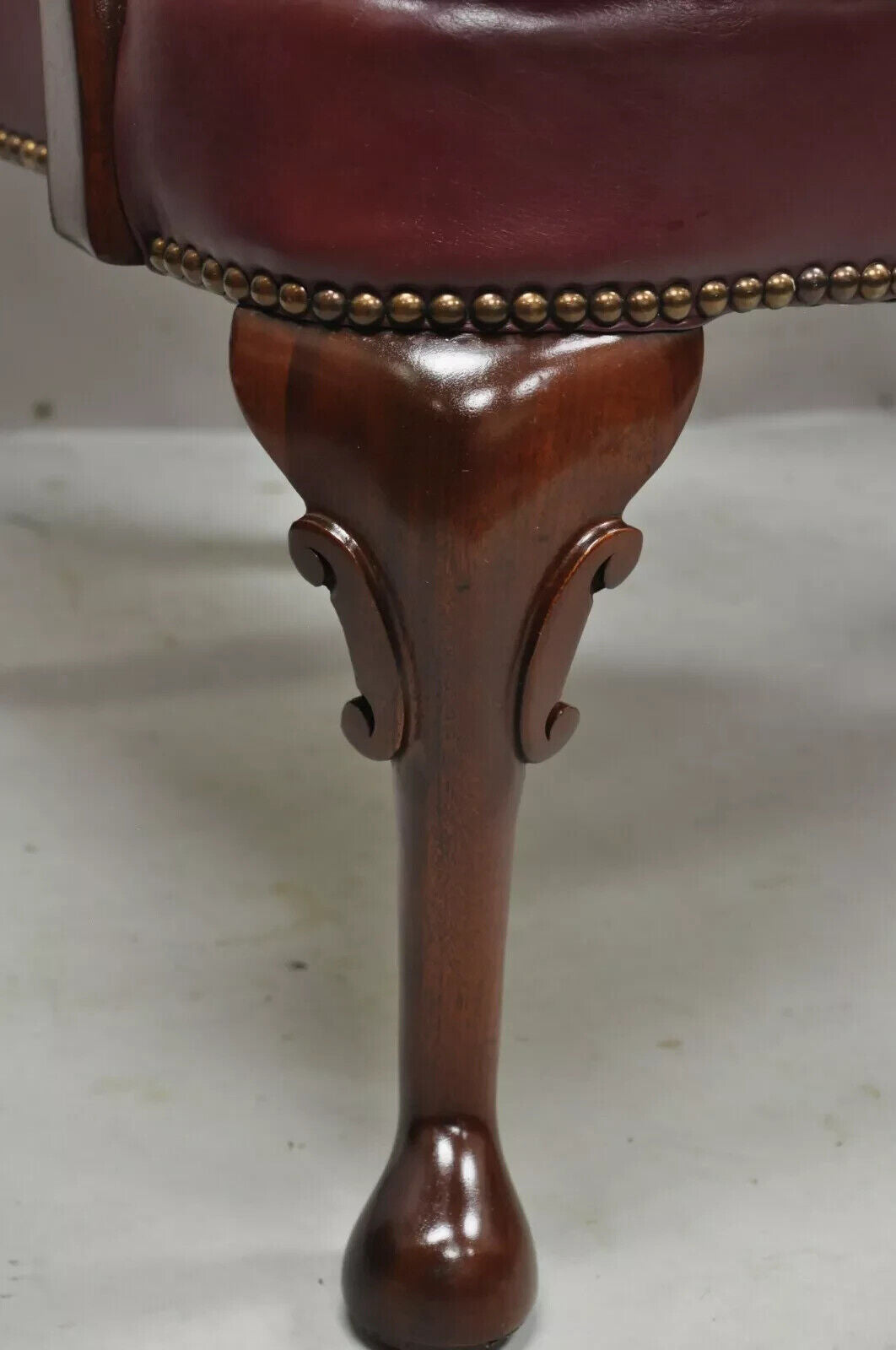 Queen Anne Burgundy Leather Library Office Arm Chairs by St Timothy Chair Pair