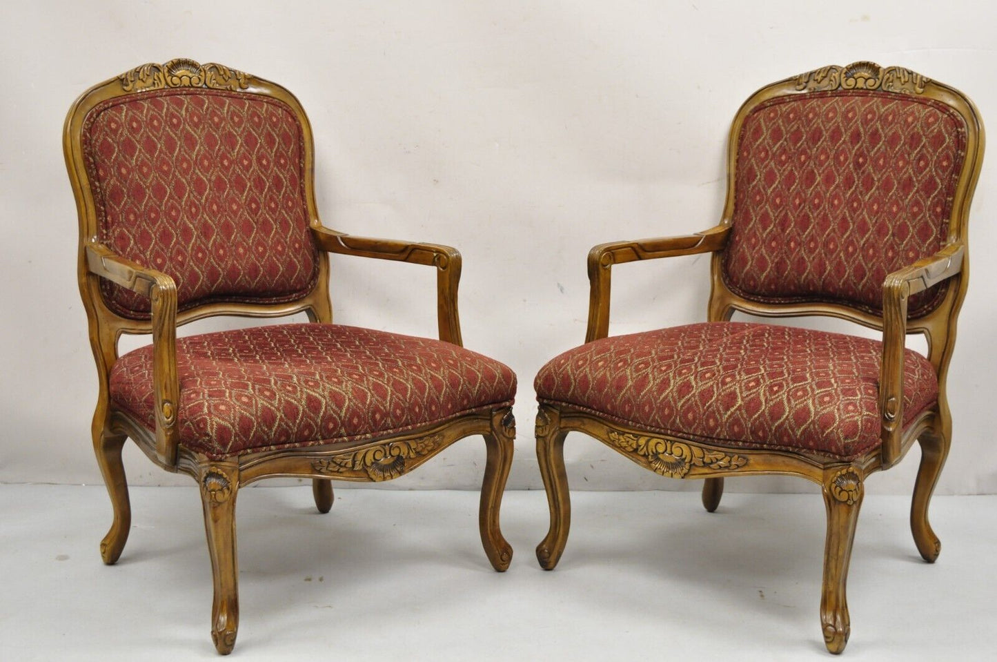 French Country Style Shell Carved Wood Burgundy Upholstered Lounge Chairs - Pair