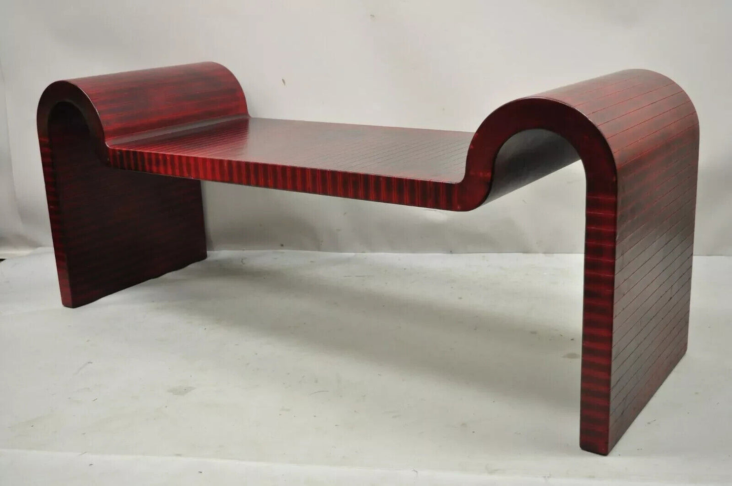 Karl Springer Red Leather Art Deco Sculptural Waterfall Bench Mid Century Modern